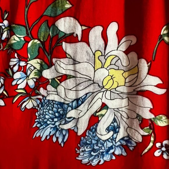 Silver Jeans Co. Red Floral Wrap Dress with Ruffles | Size L | Cranes & Blossoms - Picture 10 of 12